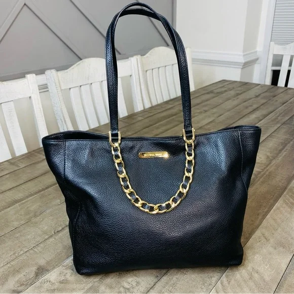 Michael Kors Harper East West Soft Navy  Pebbled Leather Chain Tote Shoulder Bag - Picture 3 of 10